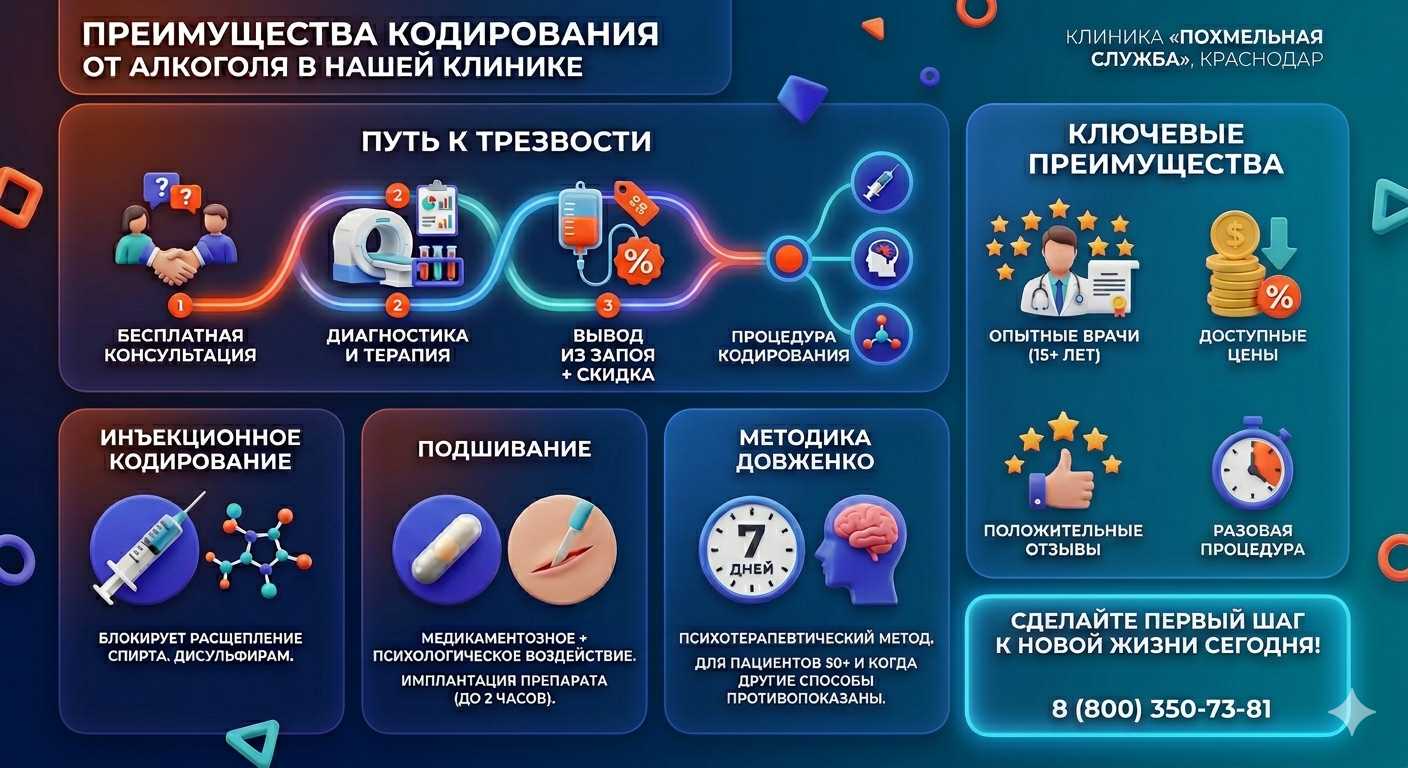Инфографика о методах кодирования от алкоголя в ЮЗАО Москвы: инъекции, подшивание, метод Довженко. Преимущества клиники и этапы лечения.