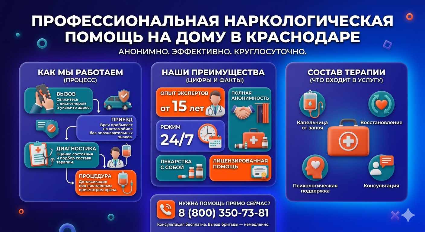 Инфографика о принципах лечения алкоголизма на дому в ЮЗАО Москвы: этапы вызова нарколога, преимущества анонимной детоксикации и состав медицинской помощи.